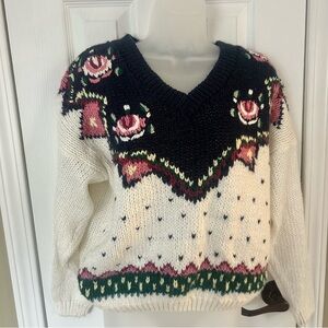 Vintage Needles And Yarn Womens Large Floral Sweater Vneck 80s 90s